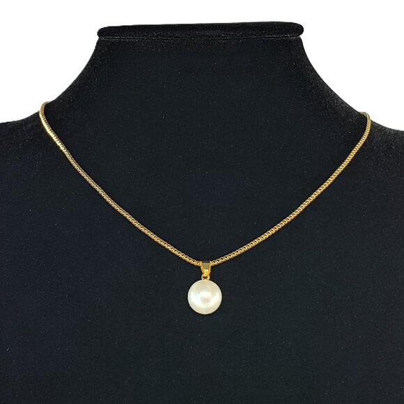 14K Gold Womens Solitaire White Natural Pearl Necklace 16